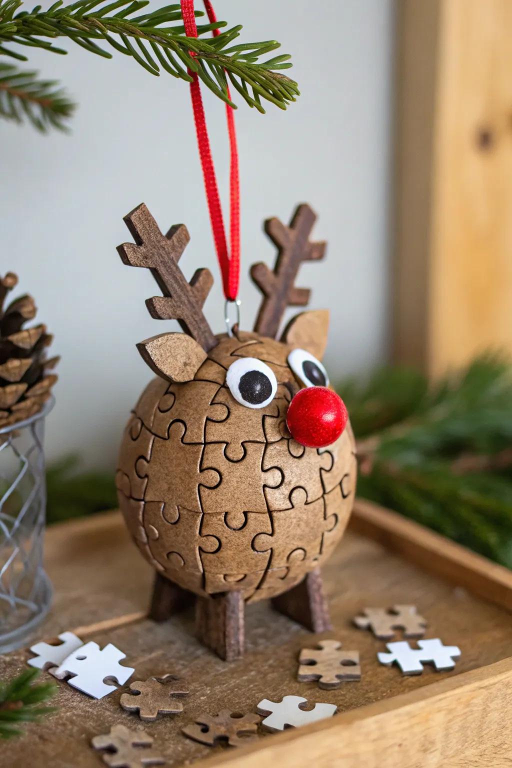 Idiosyncratic puzzle fragment reindeer, introducing character and frolic to holiday embellishing.