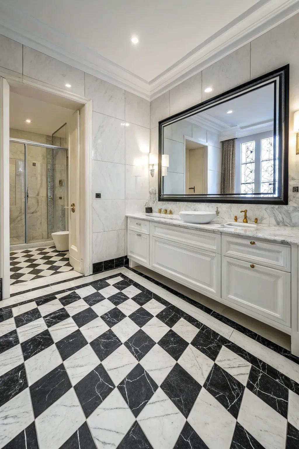 A strong floor design transforms your lavatory into an artistic area.