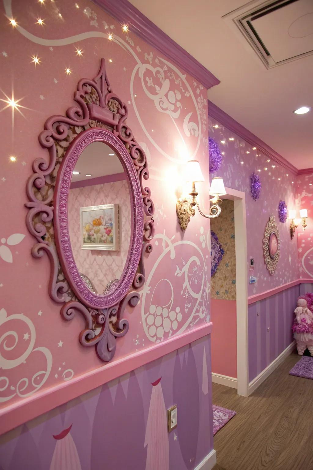 An ornate mirror adds light and depth to the room.