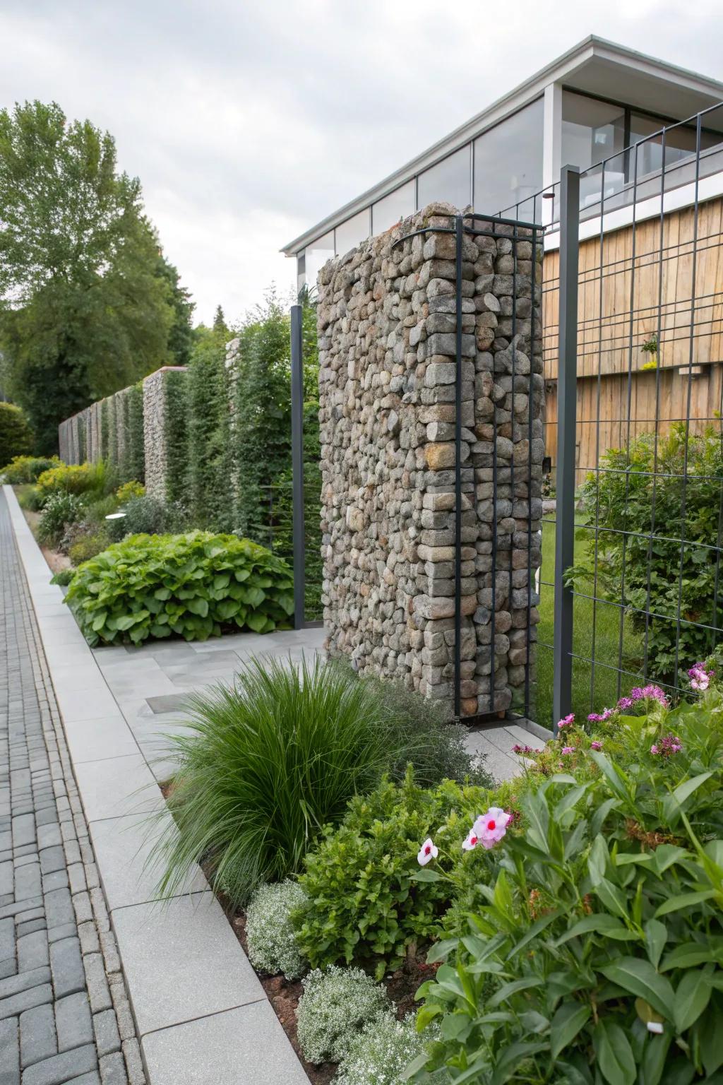Wire-stone walls combine strength and style for effective privacy.