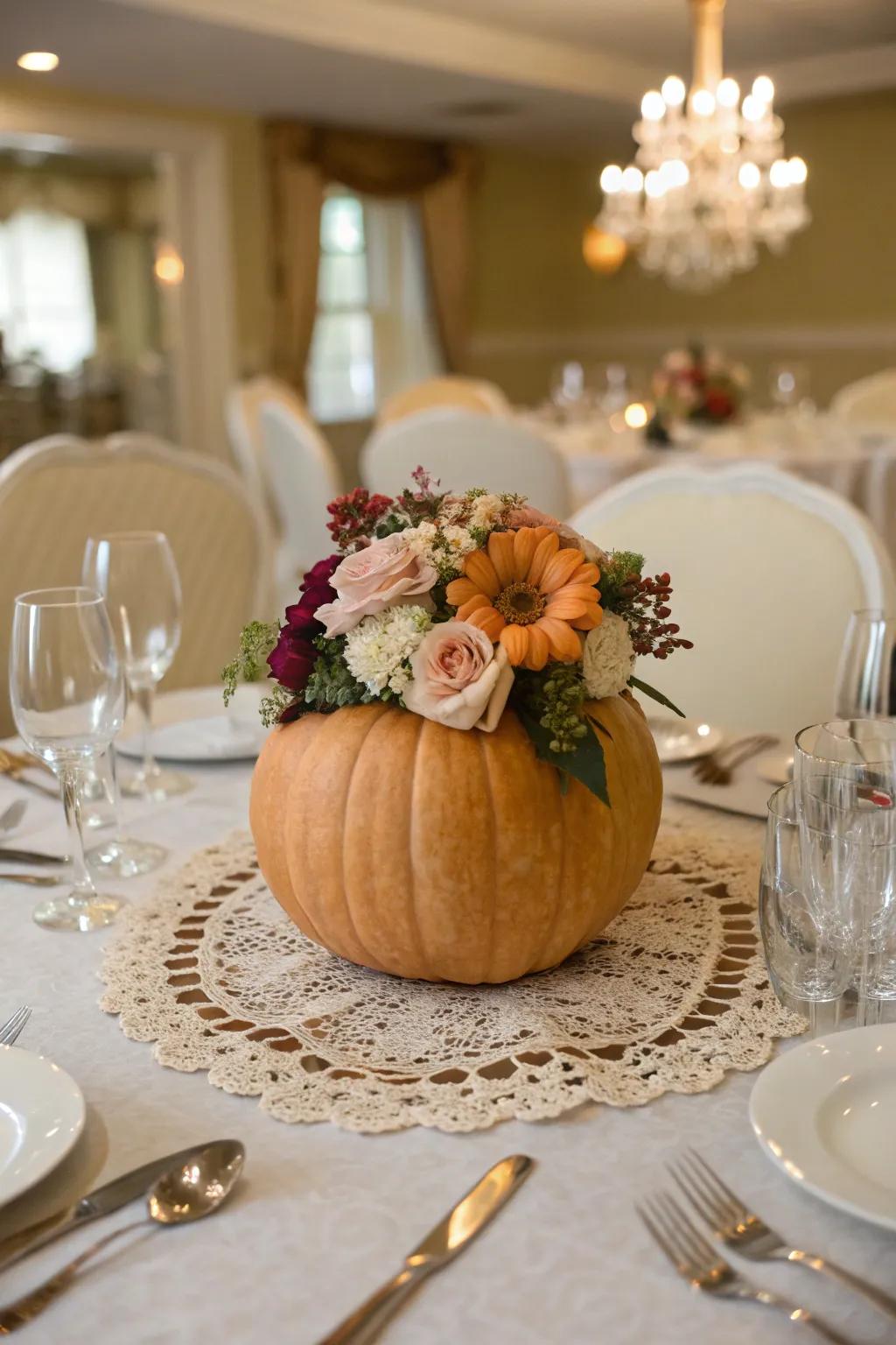 A pretty floral pumpkin perfect as a dining table centerpiece.