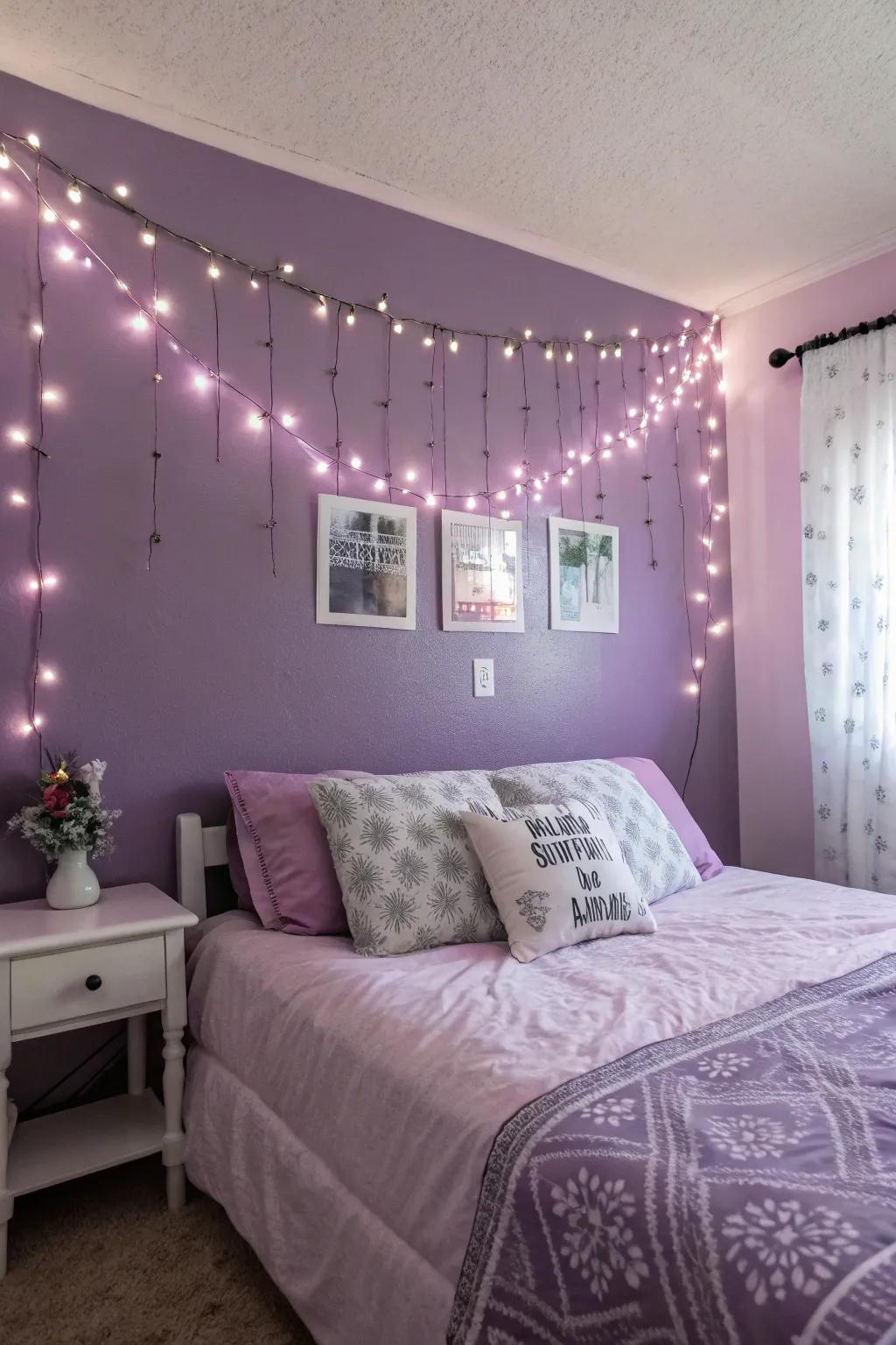 Quirky fairy lights adding a magical touch to violet walls.