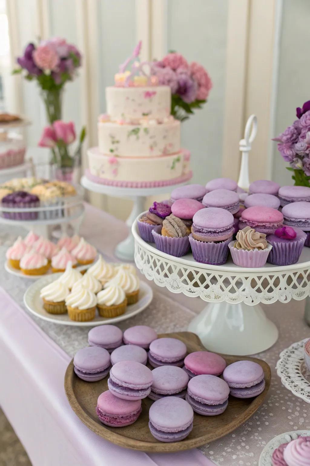 A violet-themed sweet table is a feast for the eyes and taste buds.