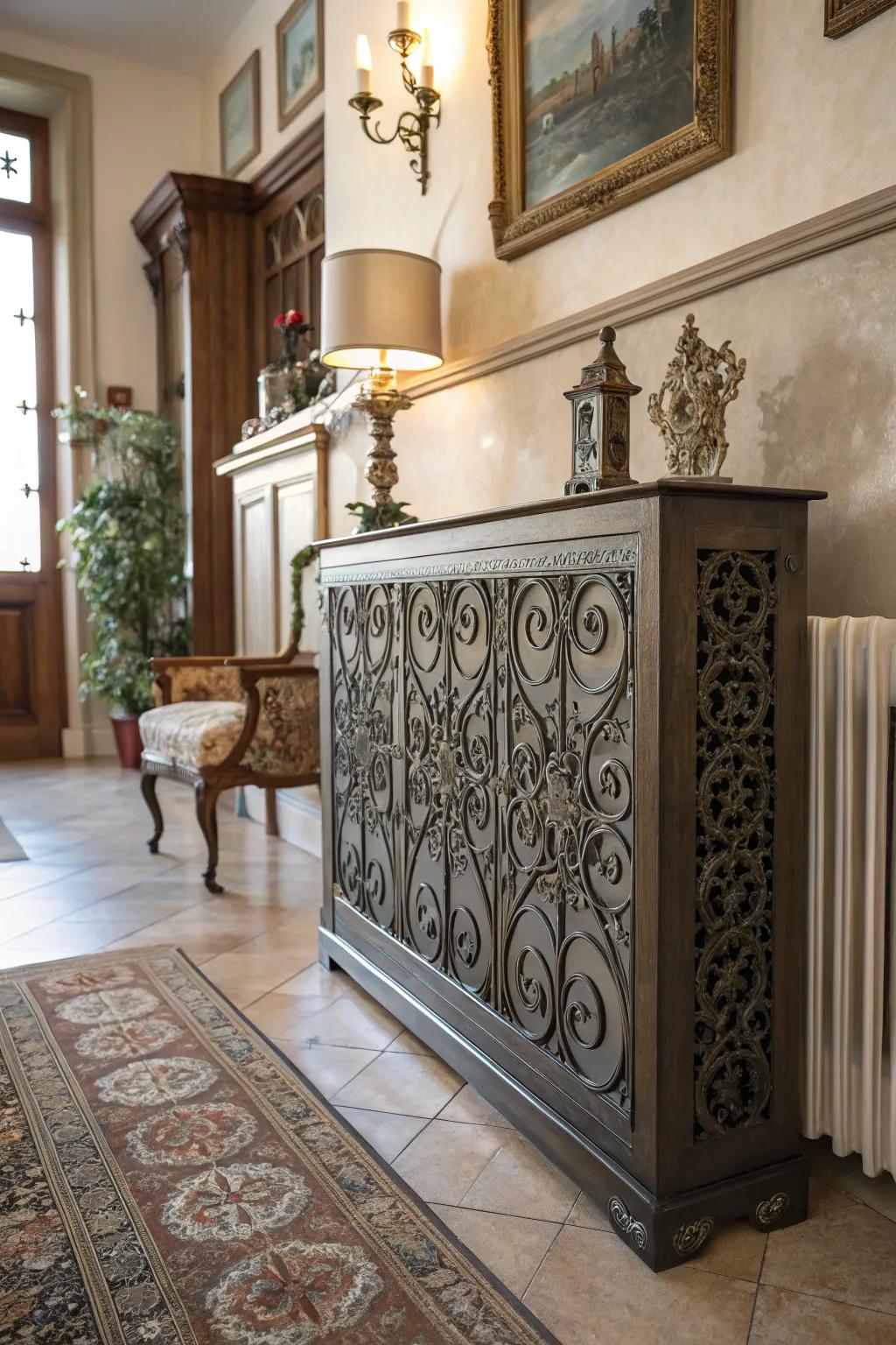Iron scrollwork provides an artistic and vintage touch to a radiator enclosure.
