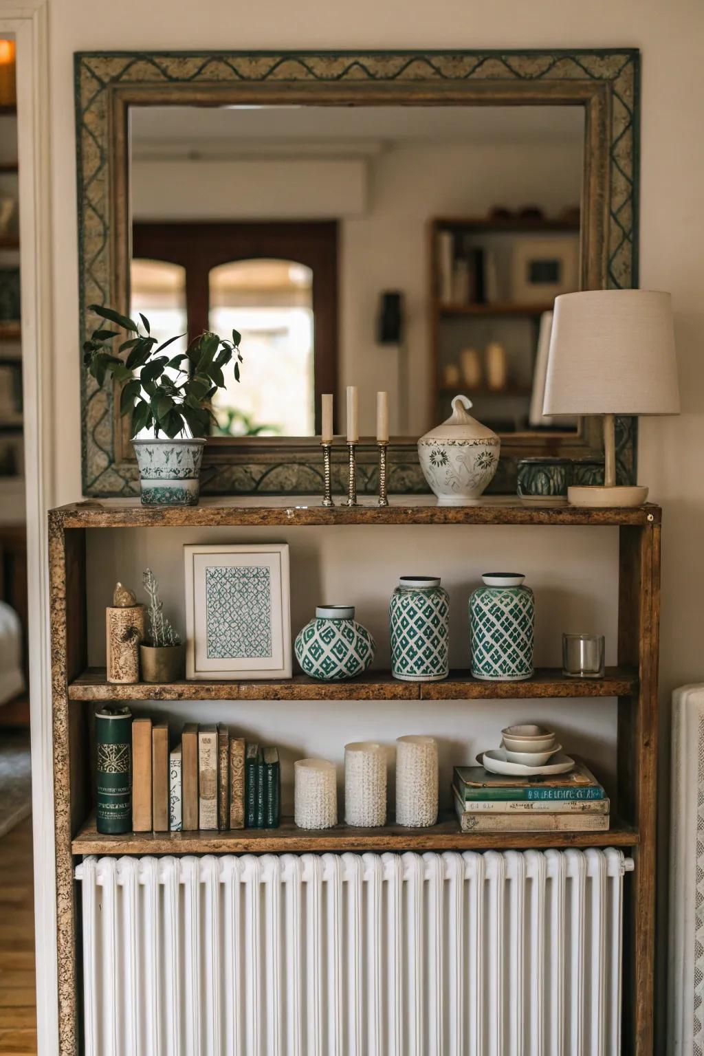 Generate harmony across your setting by embracing symmetrical styling on your radiator shelf.