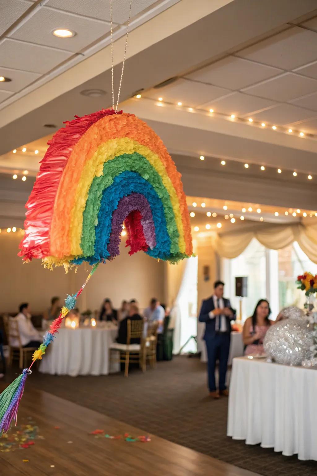 Laughter fills the air as guests try their hand at a rainbow piñata.