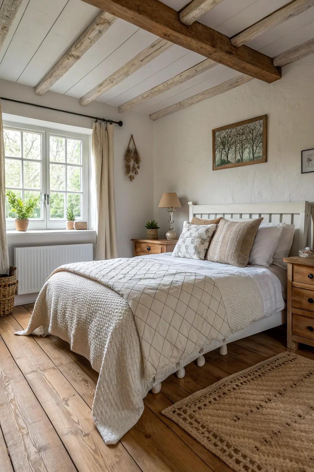 A countryside bedroom showcasing Scandinavian design elements.
