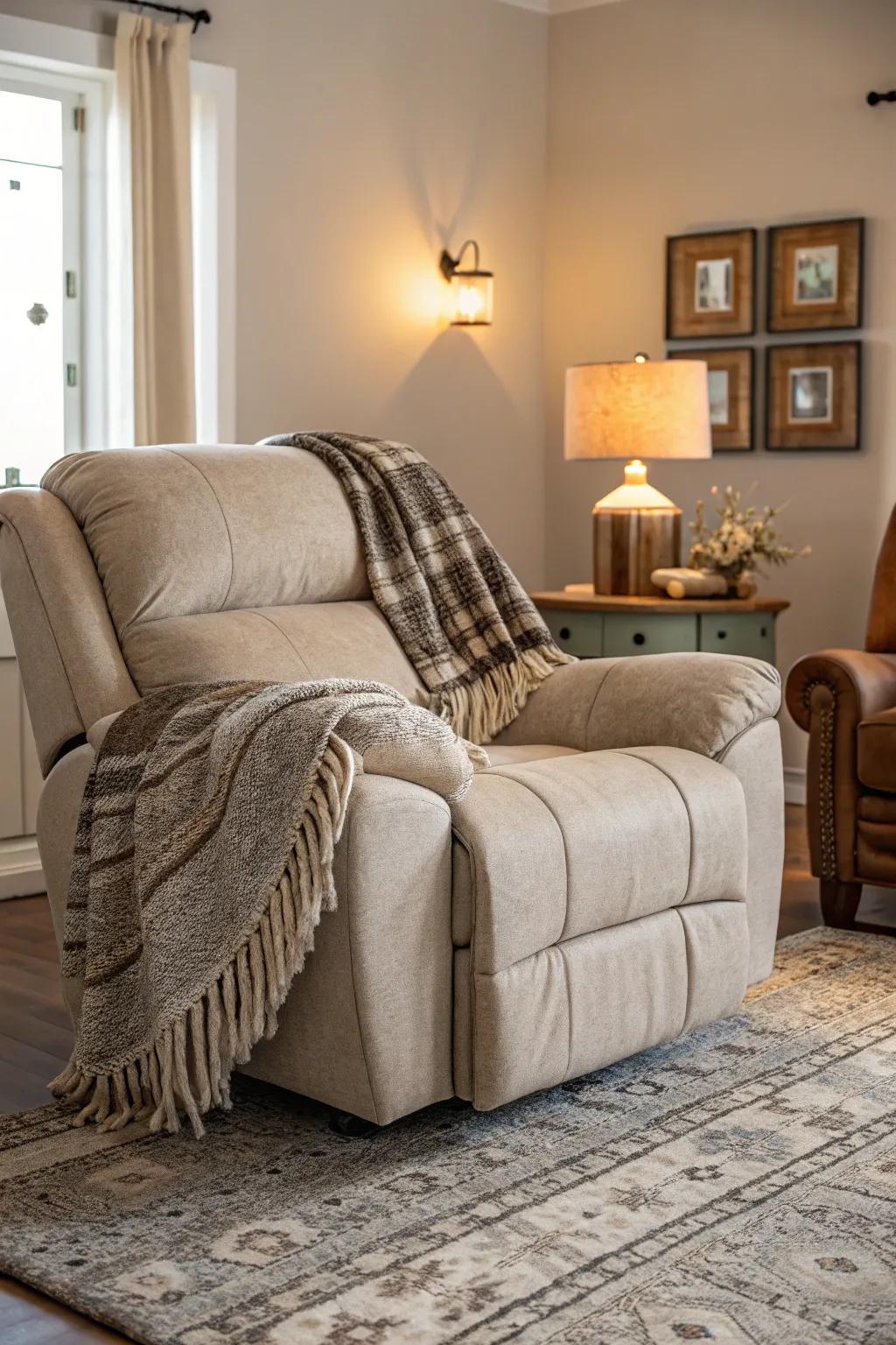 A cozy reclining sofa enhanced with a soft throw blanket.