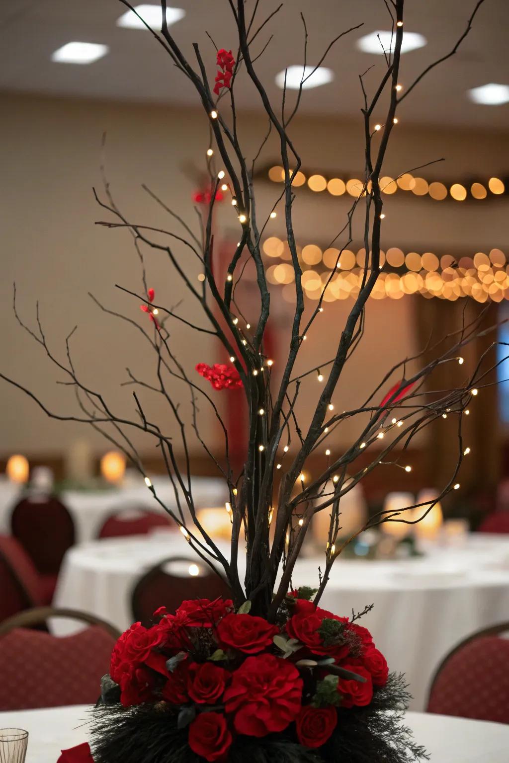 Obsidian limbs featuring scarlet details and string lights compose an enchanted centerpiece.