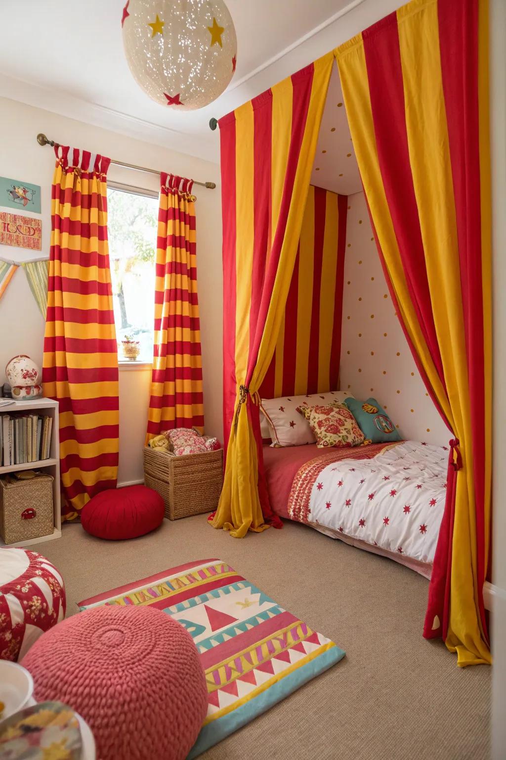 Striped curtains in red and yellow deliver a playful and vibrant feel to this bedroom.