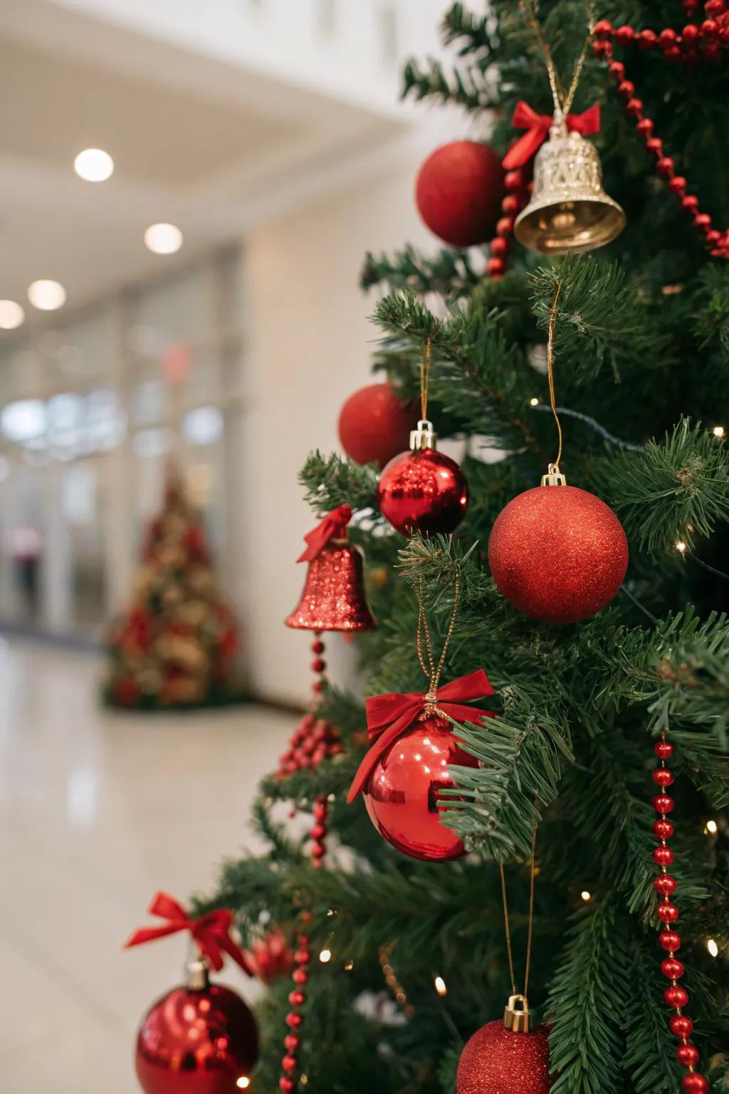 Festive Christmas tree with red baubles and jingle bells