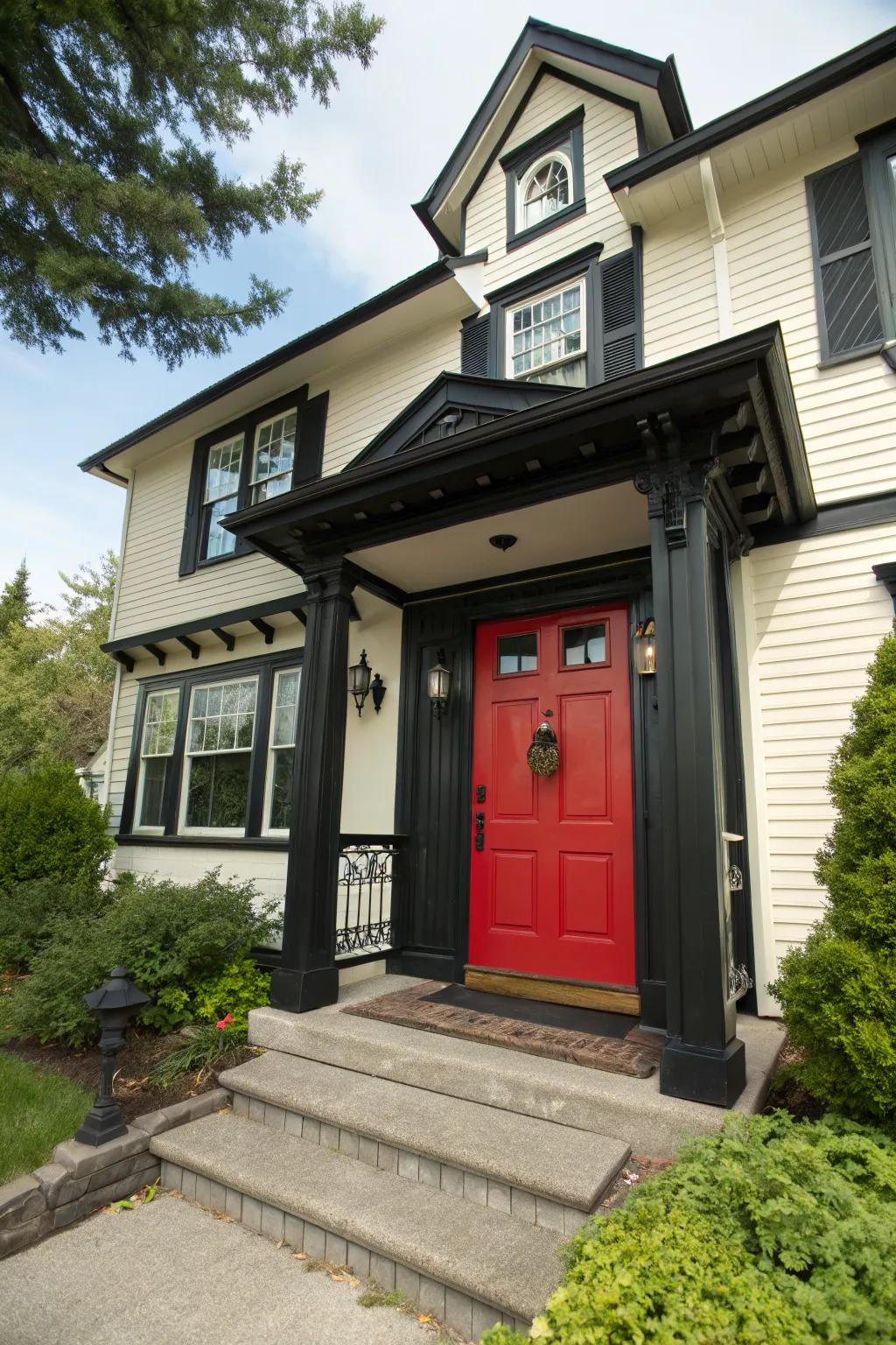 Home featuring a crimson door and ebony trim, epitomizing timeless elegance.