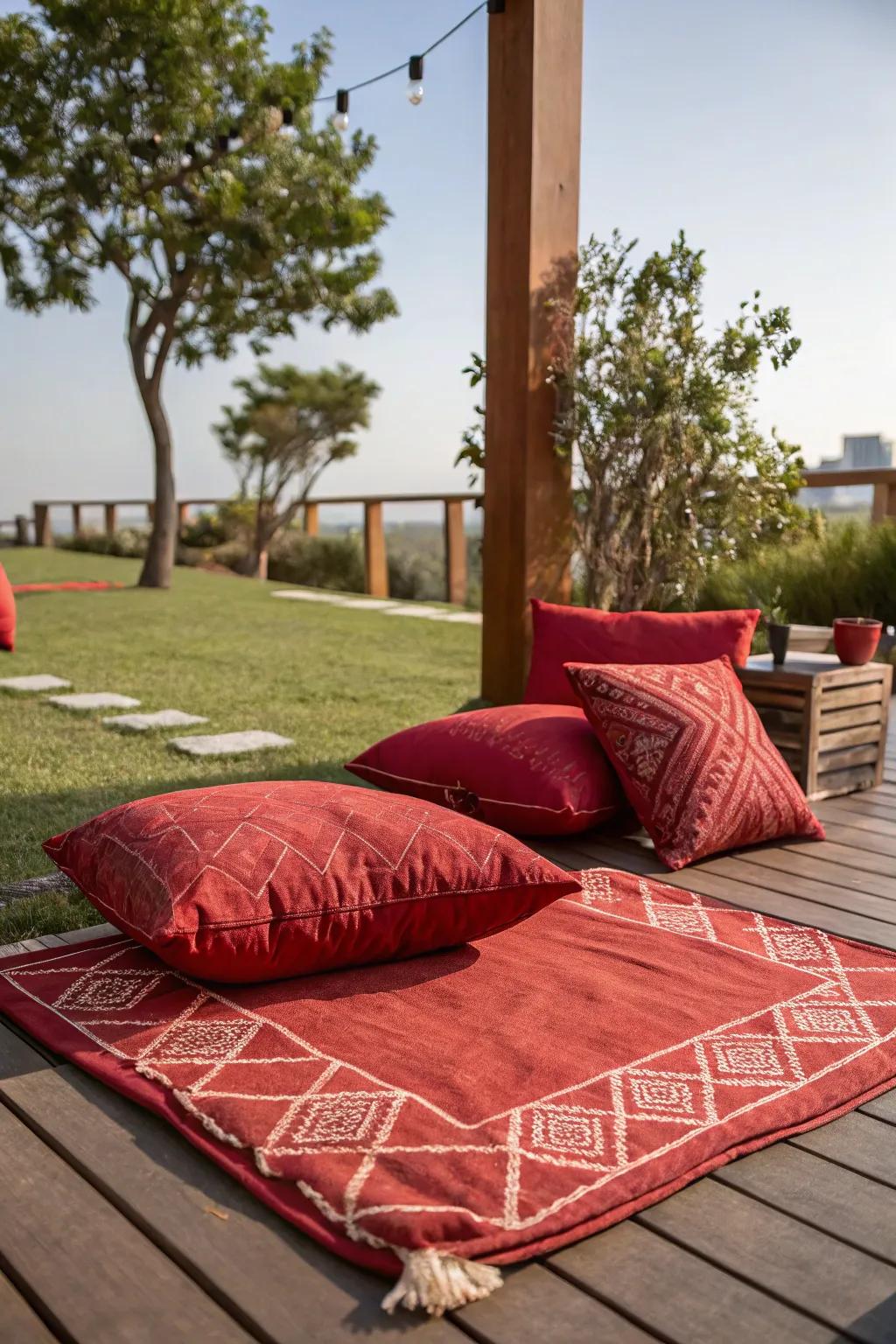 Crimson accents bring vibrant style to this cozy outdoor space.
