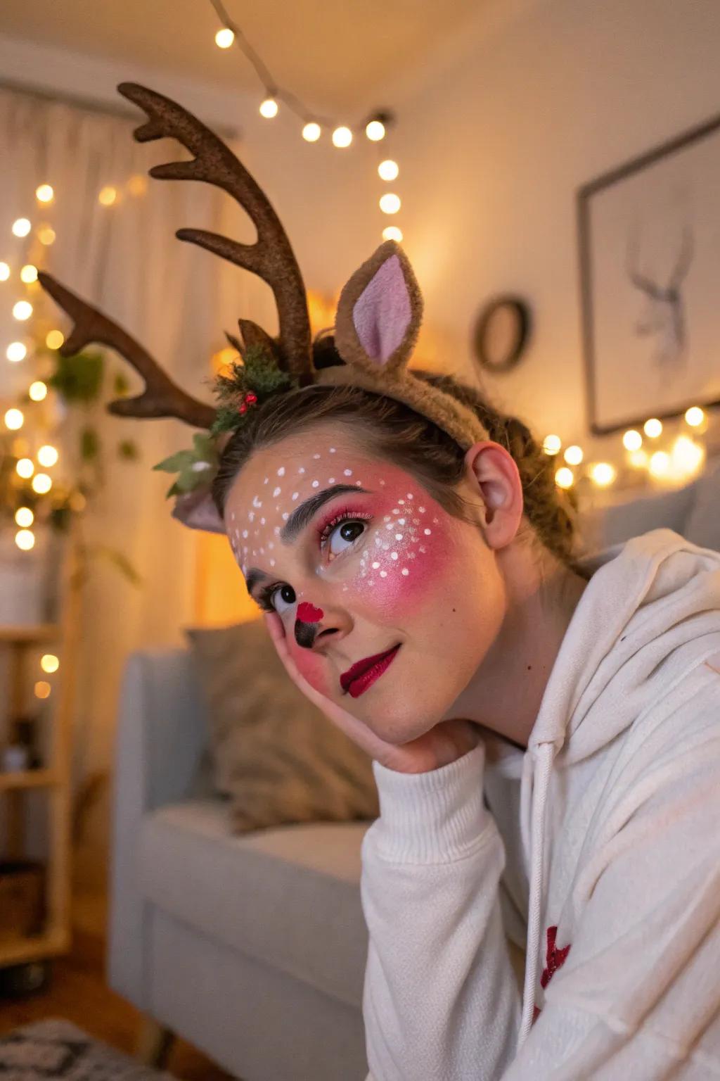 Whimsical traits append a dreamlike pizzazz to reindeer face artistry.