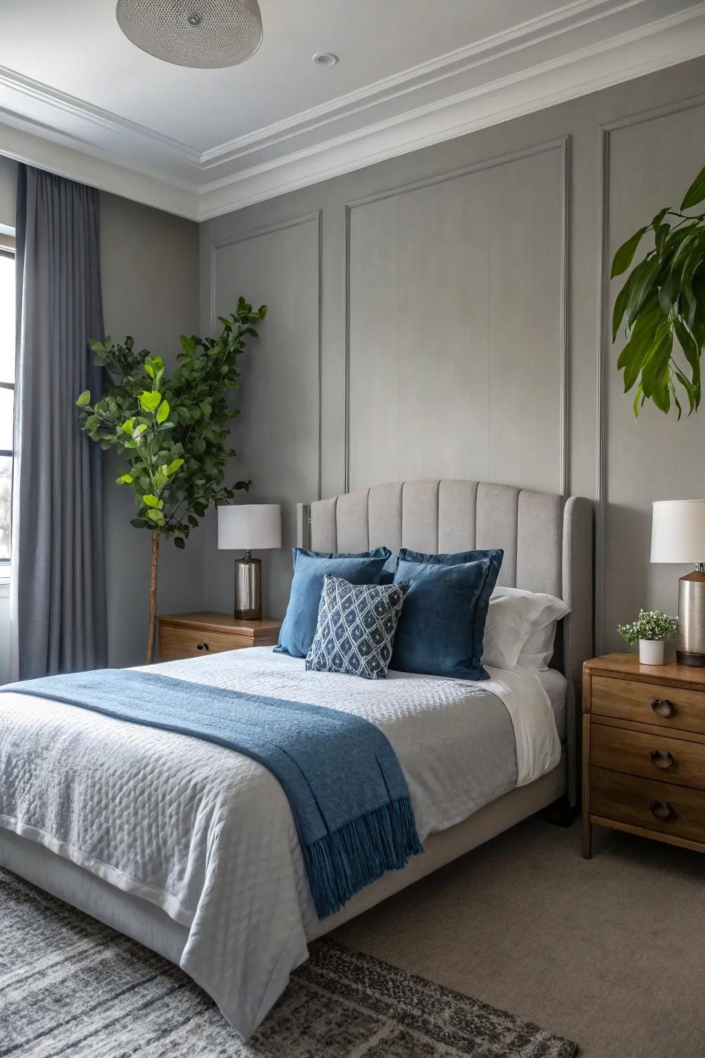 A burst of hue injects vibrancy into a serenity shade bedroom.