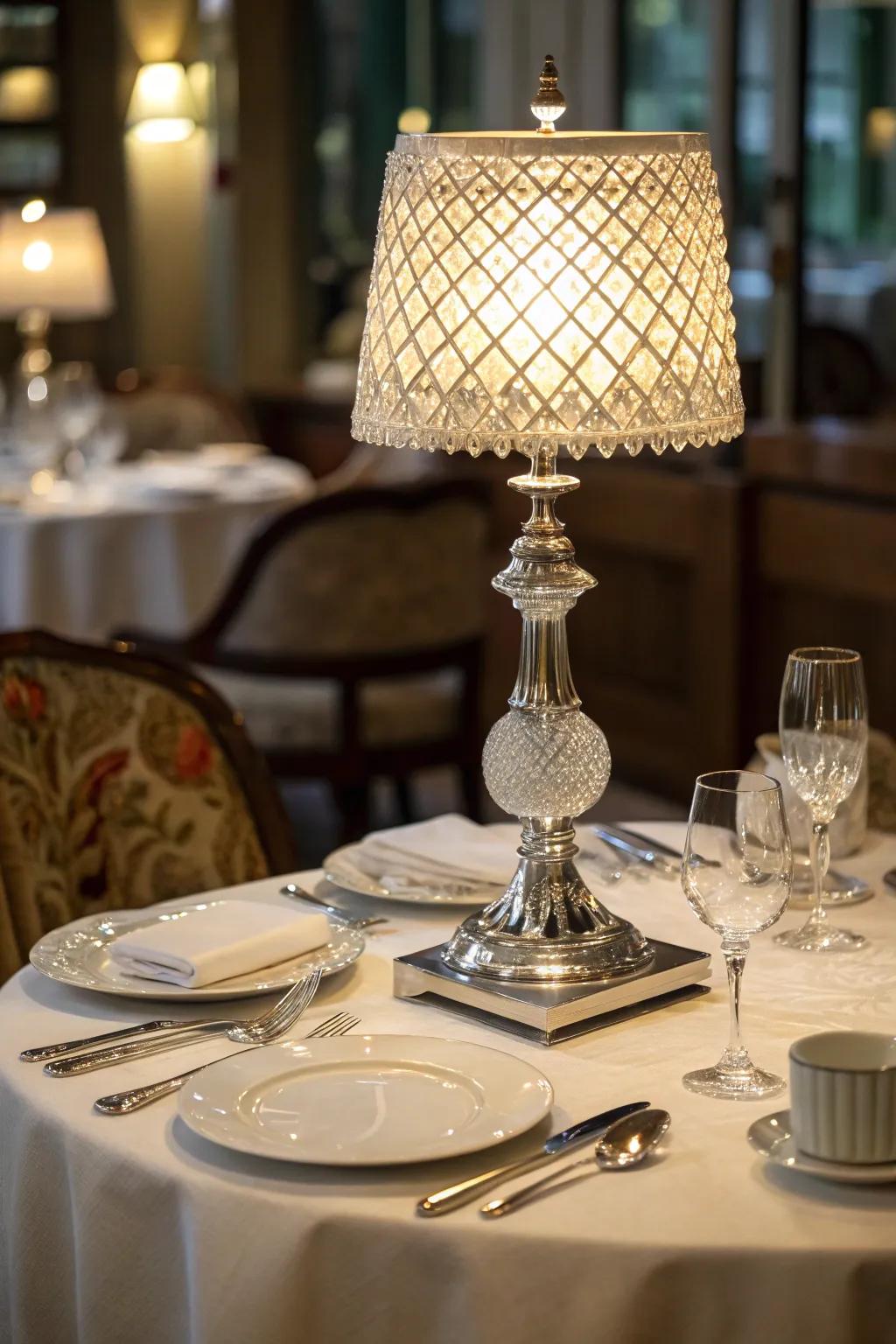 A crystal table lamp sits on a sophisticated restaurant table setting.