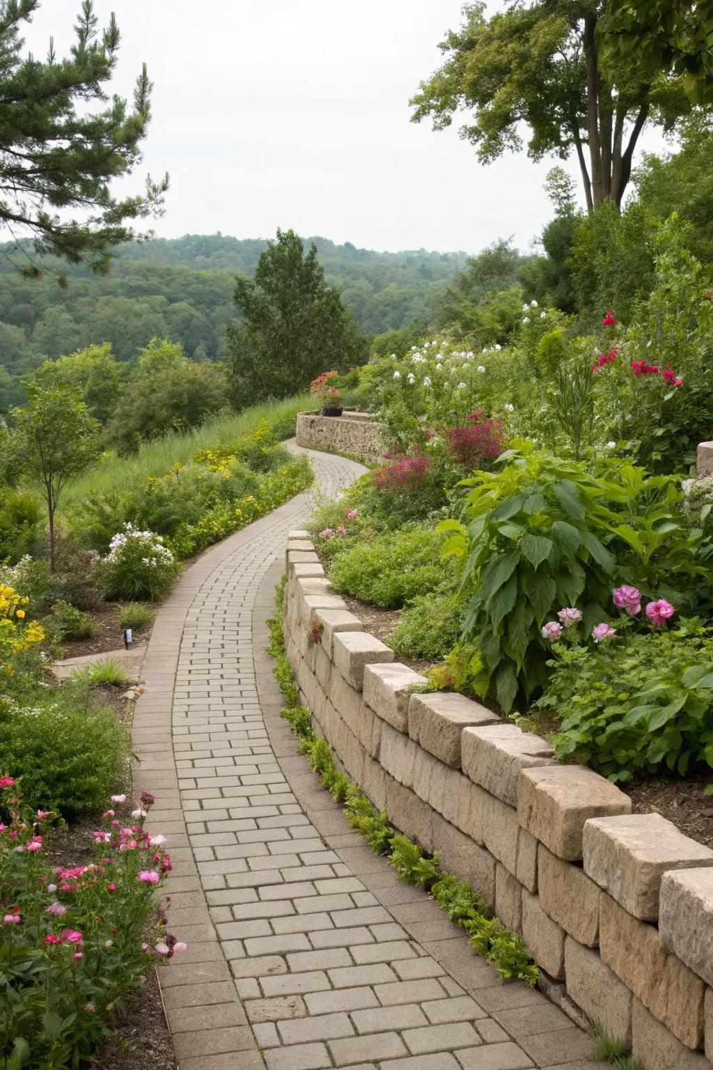 Garden pathway elegantly lined with wall support stones, inviting exploration.