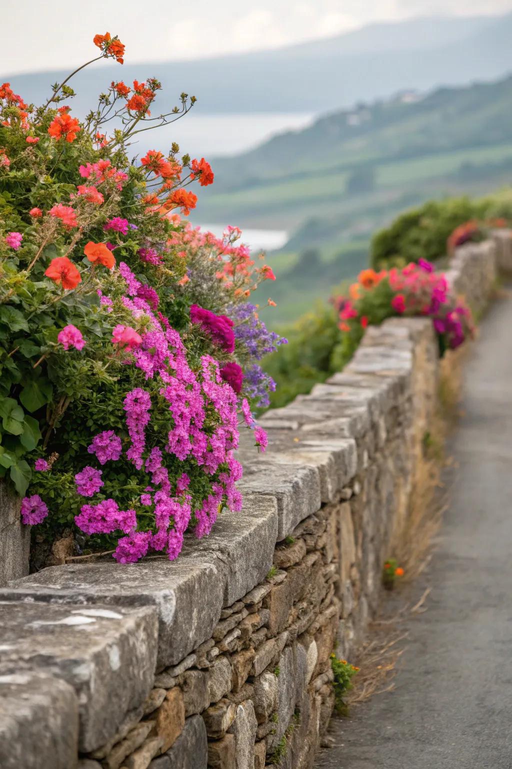 Efflorescent flora infuse hue and vitality into retaining walls.