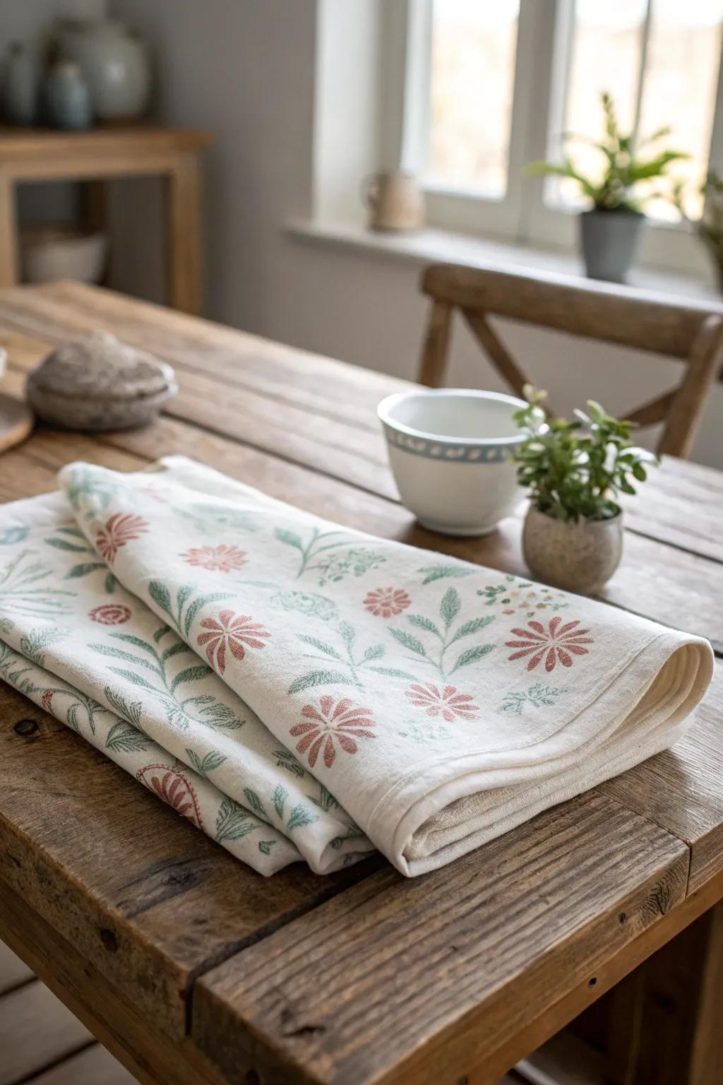 Add a touch of retro charm to your kitchen with grain sack cloths decorated by hand.
