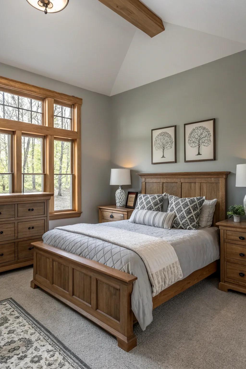 Wooden accents enhance the rustic charm of a Gentle Gray bedroom.