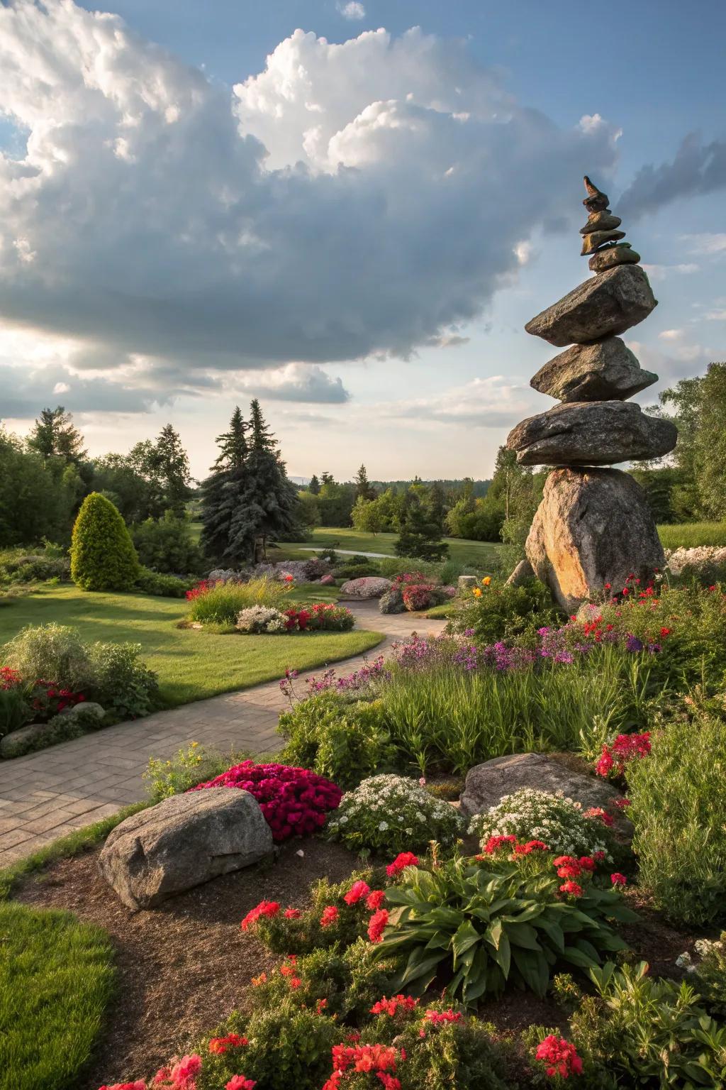 Stone artworks convert gardens into inventive areas.