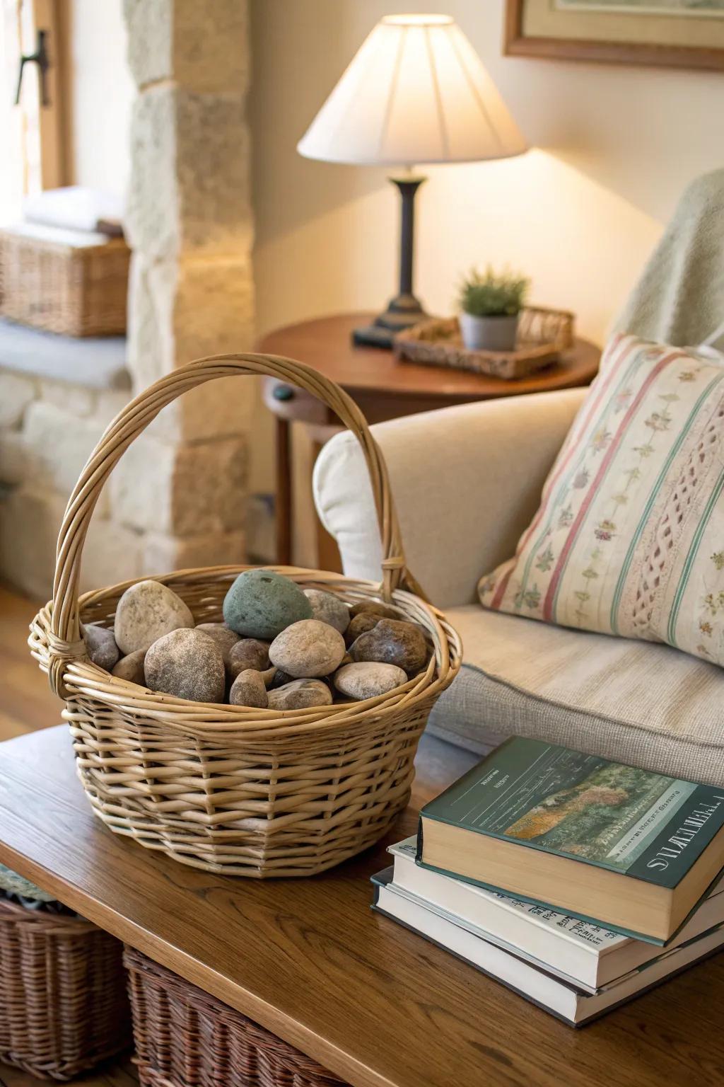 A wicker basket adding rustic charm with stones