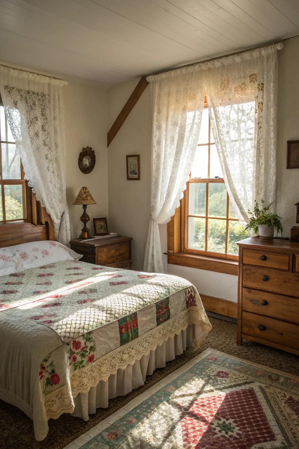 Vintage fascination infused by sheer curtains.