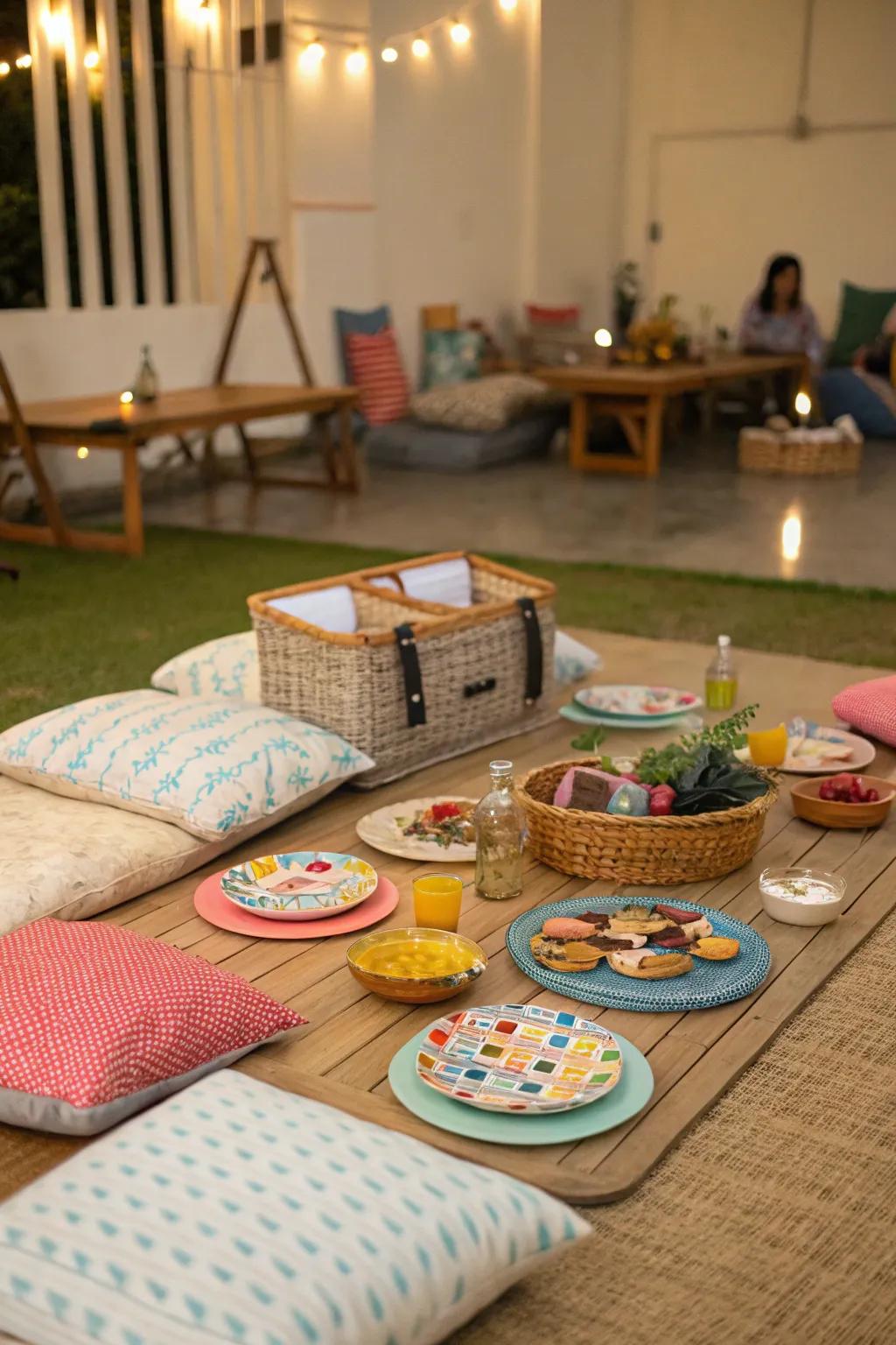 Produce a casual vibe using unusual seating such as floor pillows.