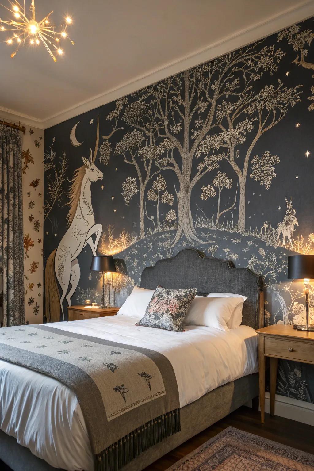Whimsical wallpapers inject a fairy-tale charm to the Victorian Gothic d&eacute;cor.