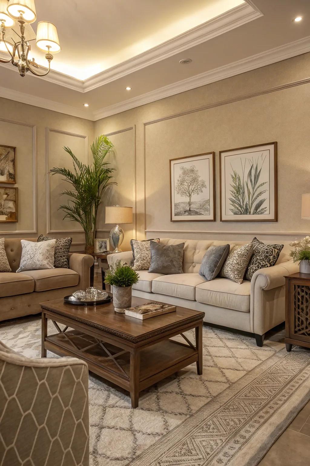 An elegant living room featuring taupe tones and modern sophistication.