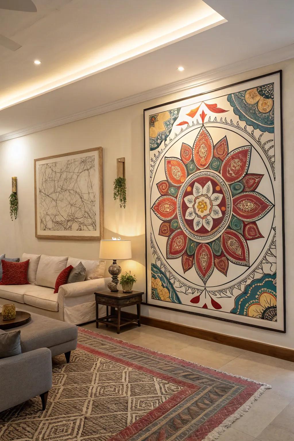 A room anchored by a striking piece of wall art.
