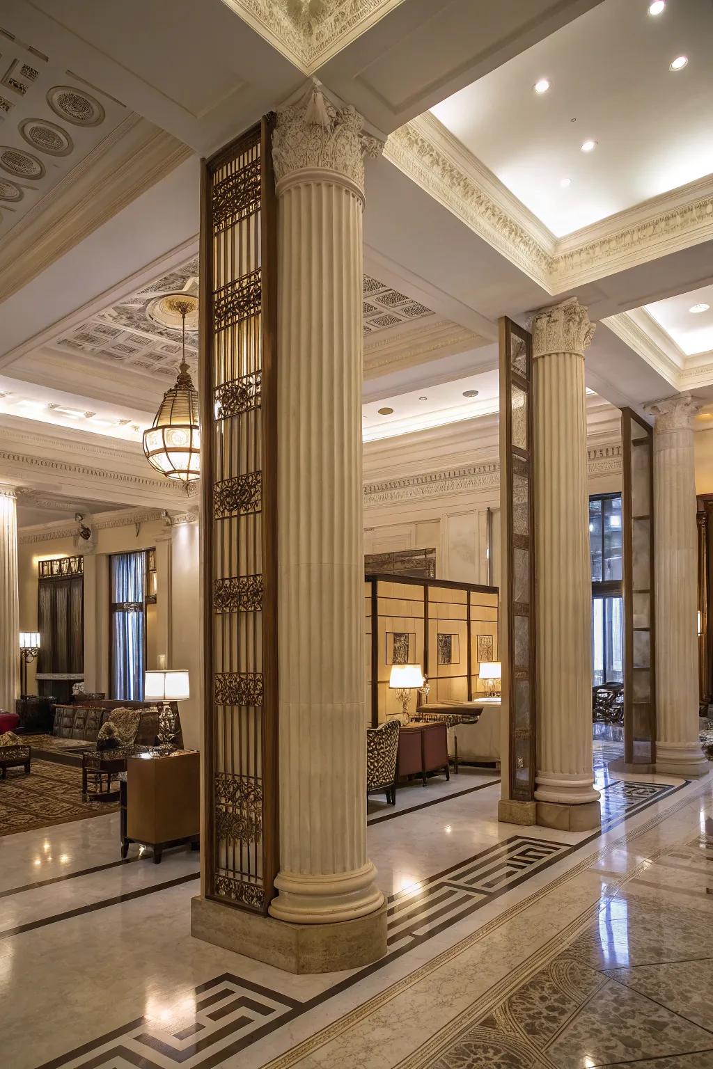 Columned dividers introduce architectural sophistication and effortlessly guide foot traffic.