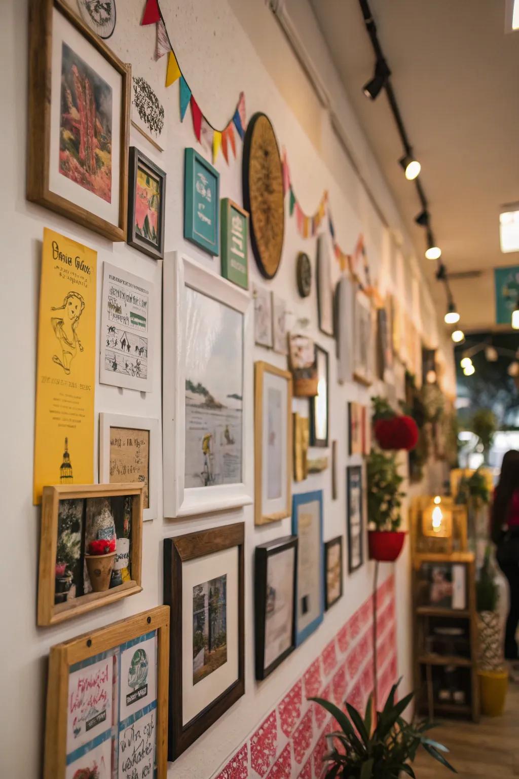 An eclectic wall exhibit showcases diverse interests.