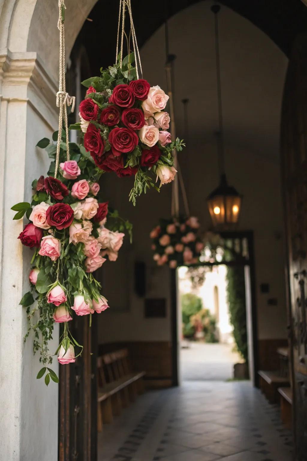 Dramatic entry by way of suspended rose bouquets.