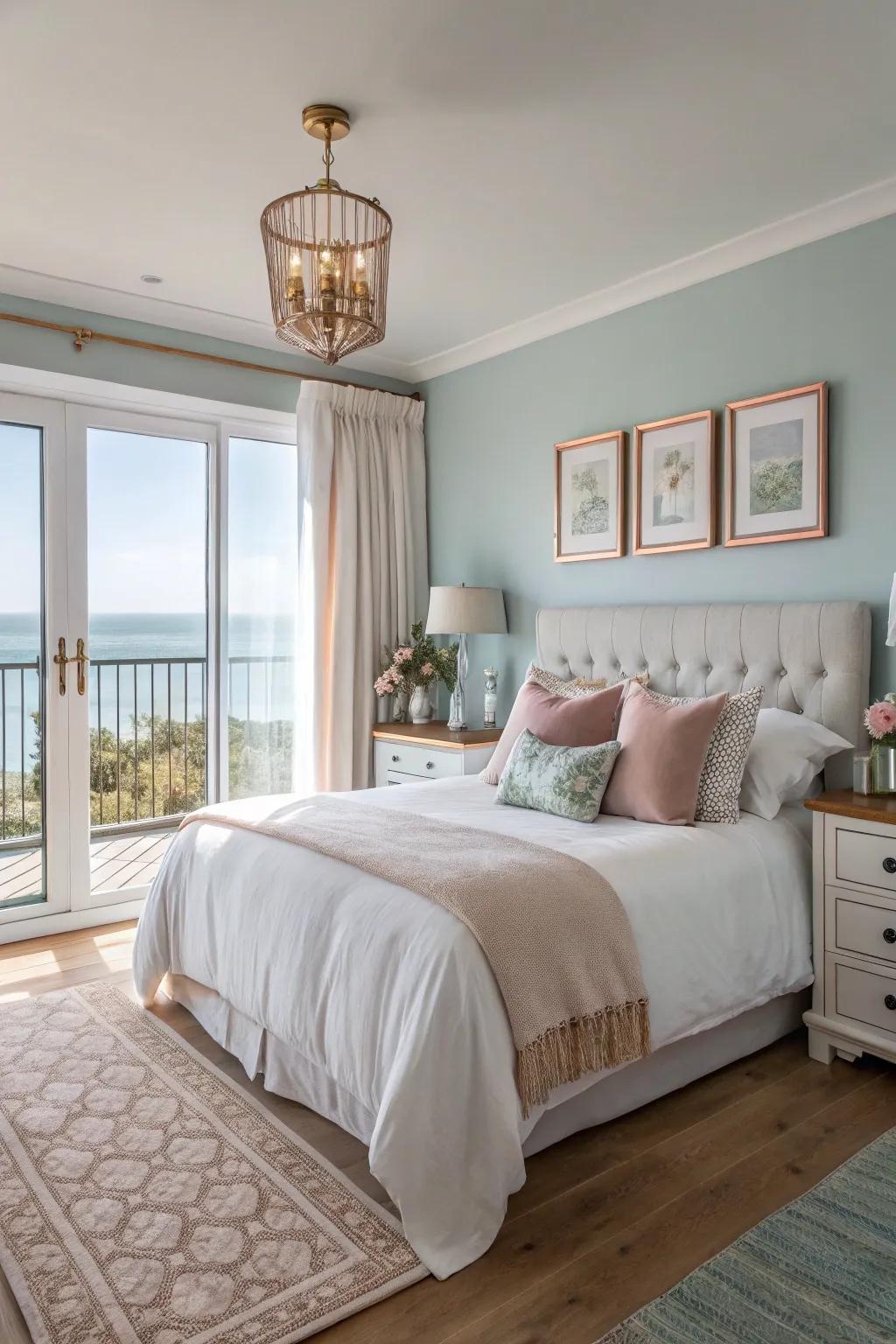 Rose gold adds a hint of warmth to a coastal chic bedroom.