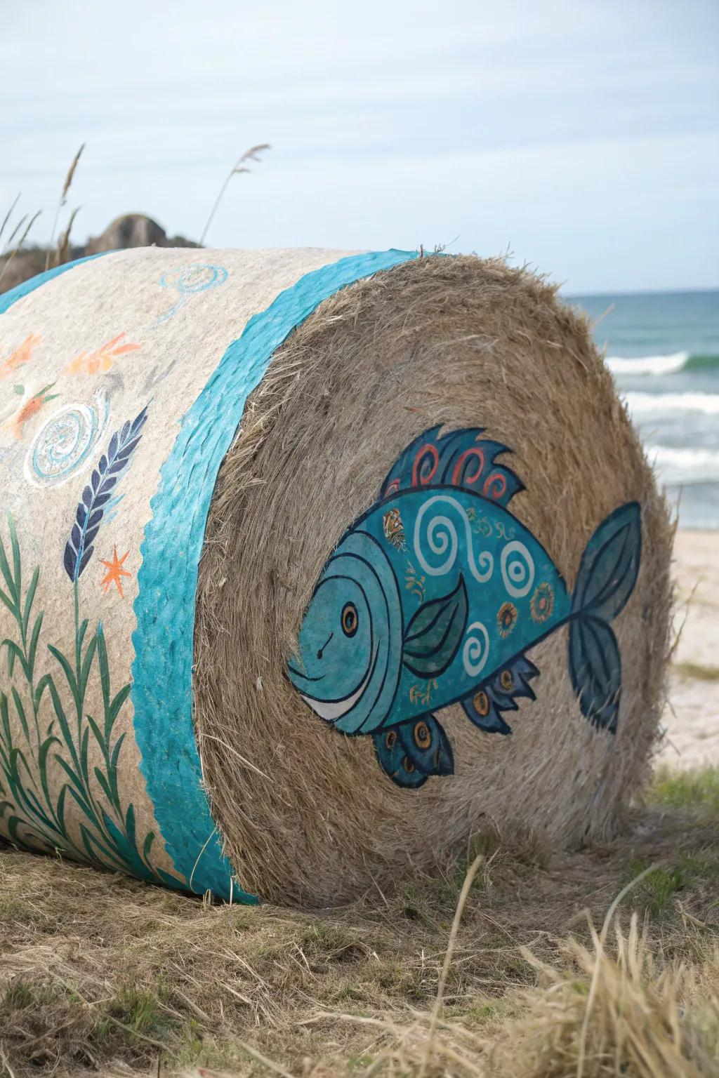 Make a splash with hay bales turned into vibrant underwater creatures for a unique outdoor theme.