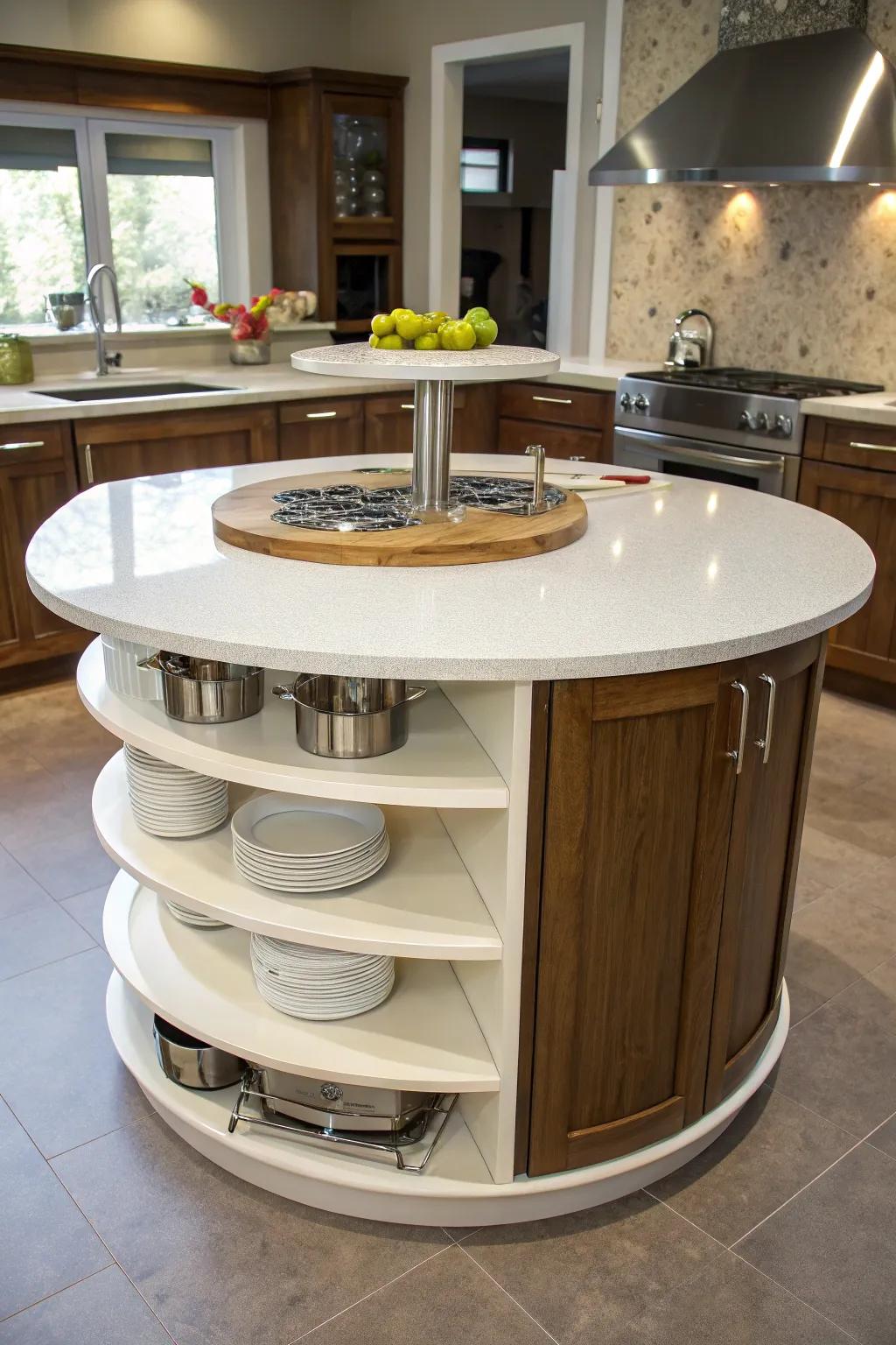 Multi-tiered surfaces contribute versatility to a circular kitchen centerpiece.