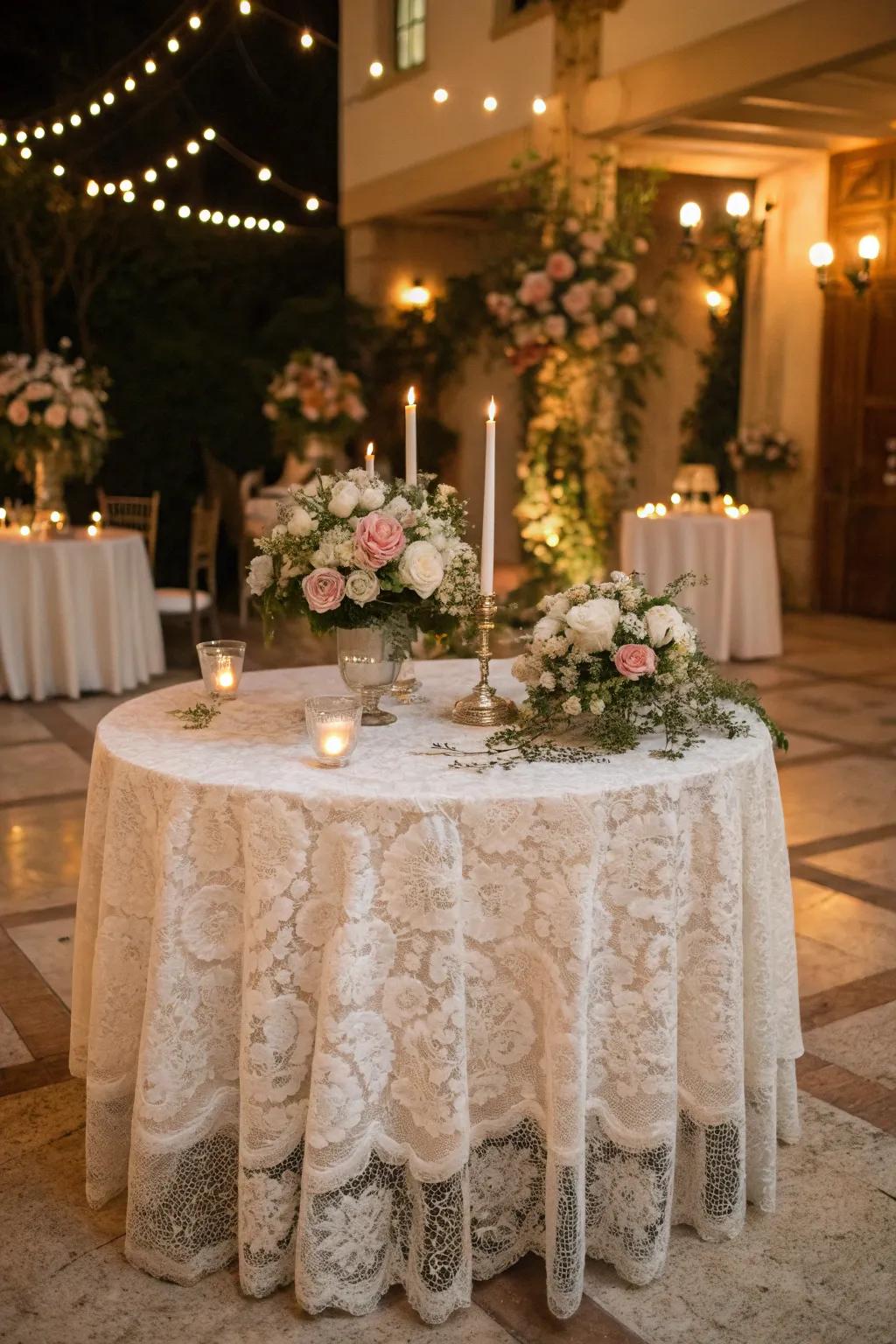 Enchanting table covering of lace for a vintage-inspired wedding.