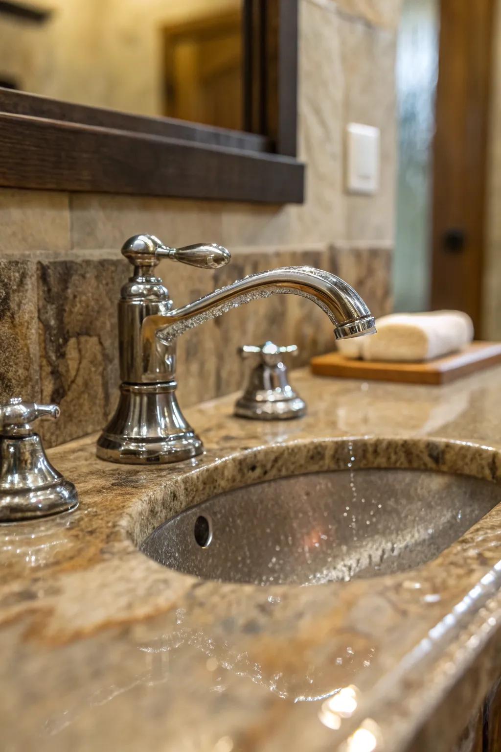 Stone surfaces enhance the earthy feel of rustic lavatories.