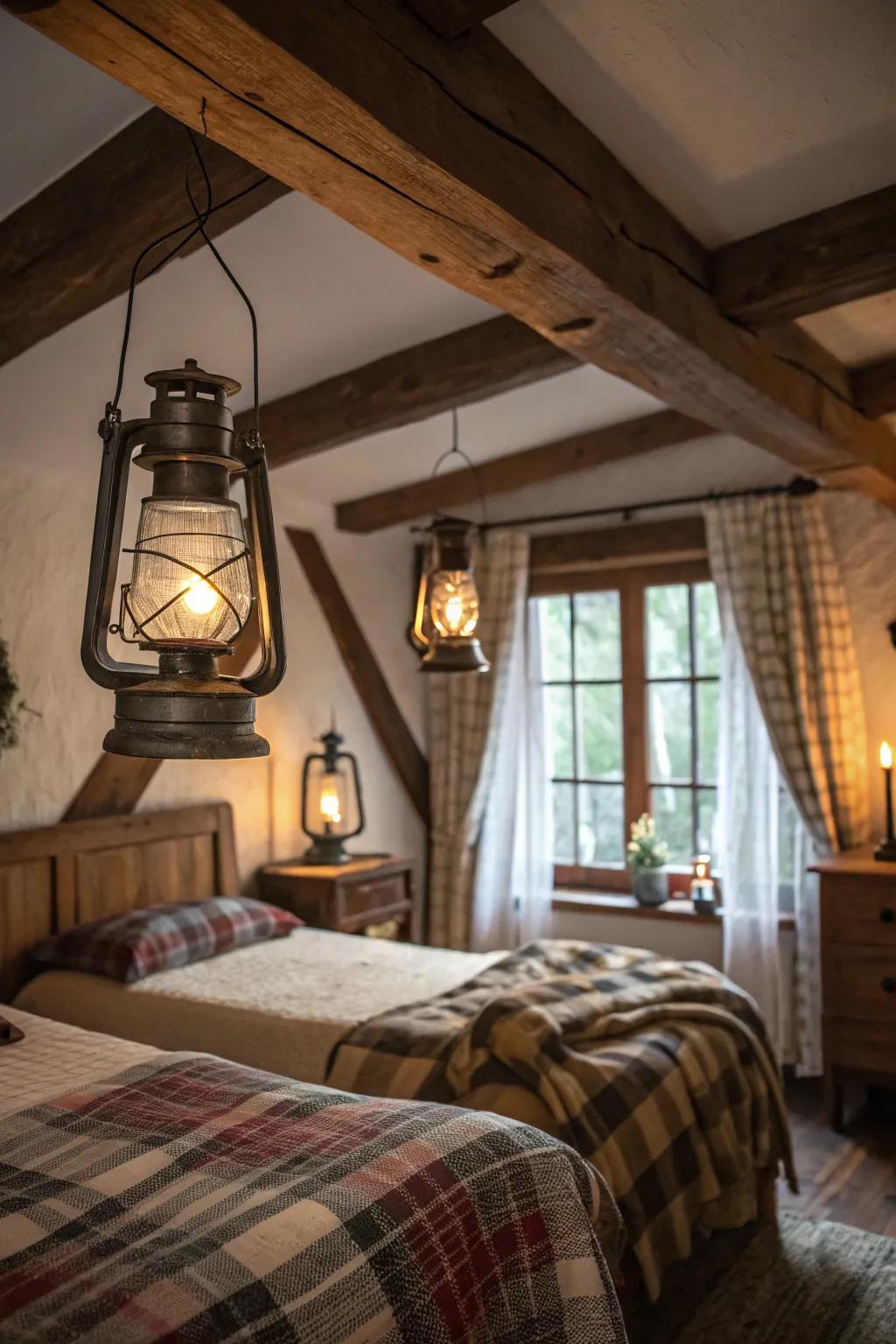 Suspended flashlights append quaint allure and ambient light.