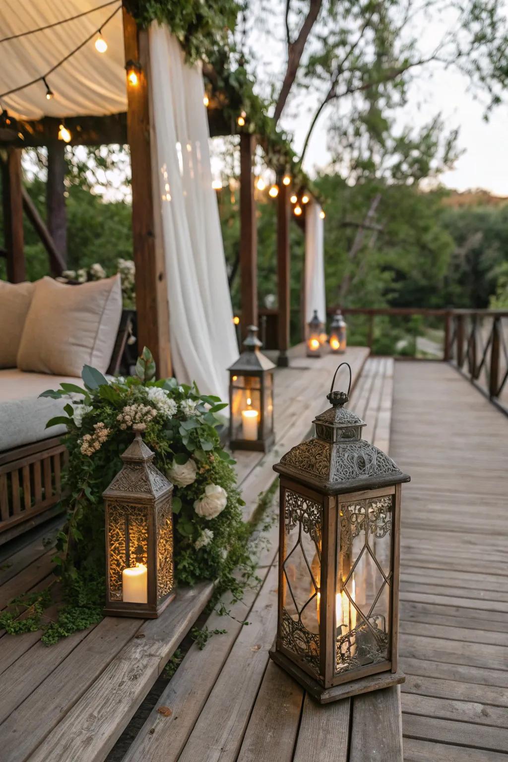 Antique décor lends persona and allure to this countryside deck.