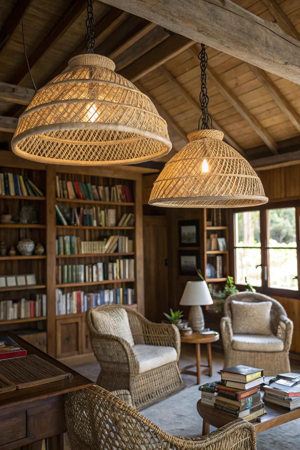 Natural fiber shades set a gentle, welcoming glow in this study.