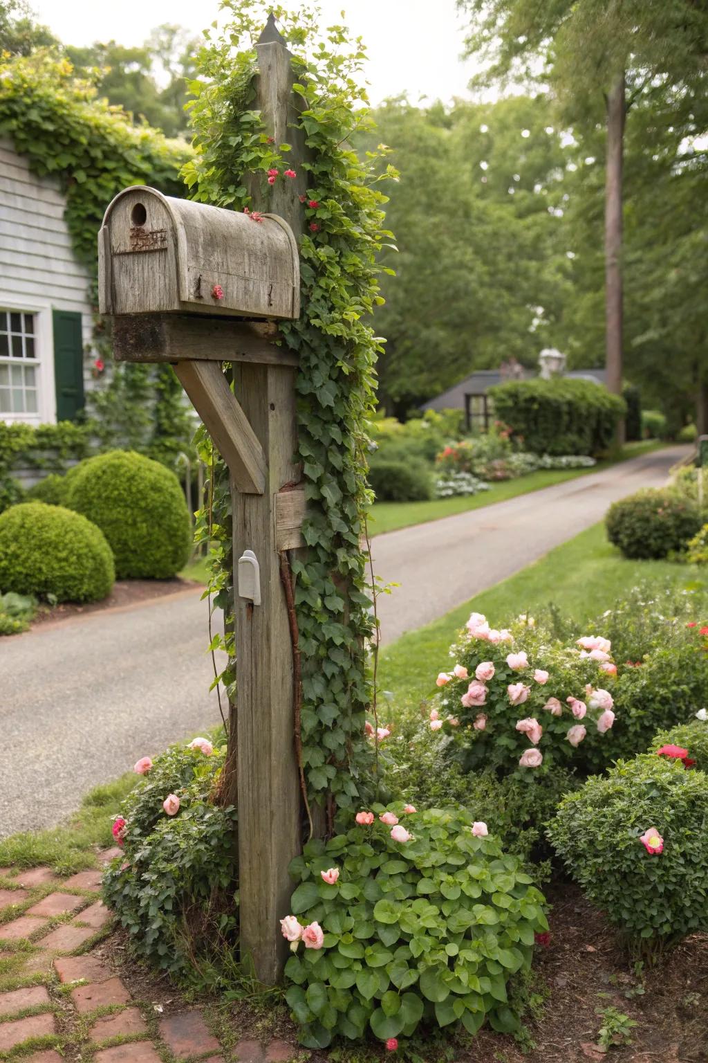 A cultivated climber endorses greenery, enlivening this mail station.