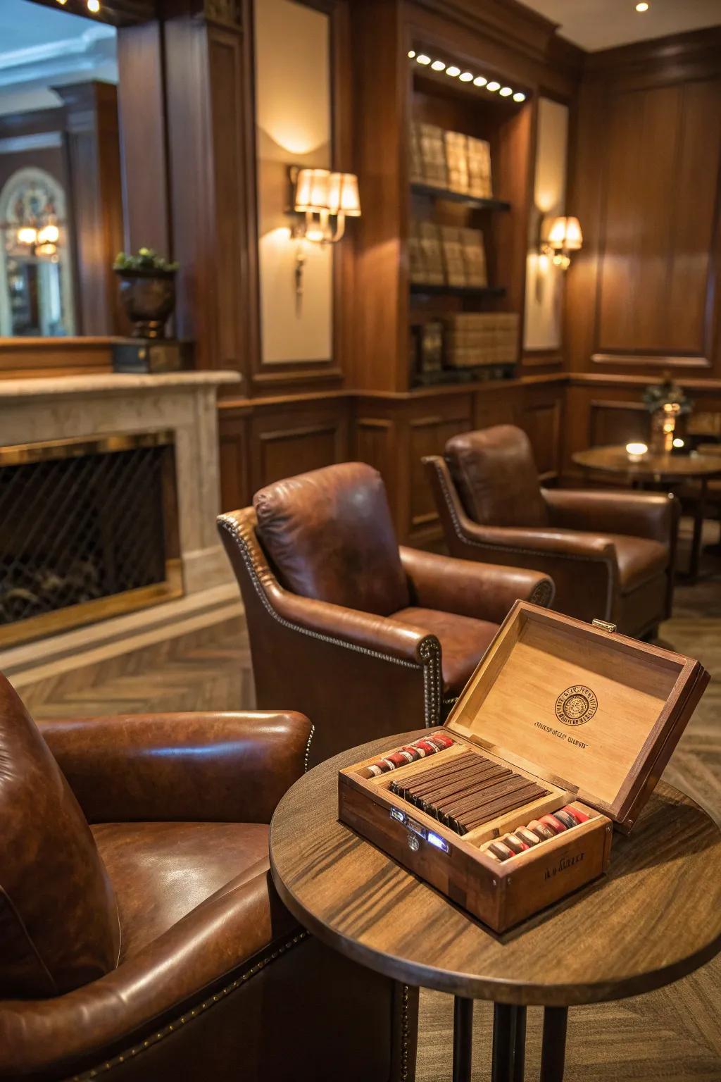 A smoking lounge corner adds a sophisticated element to the man cave.
