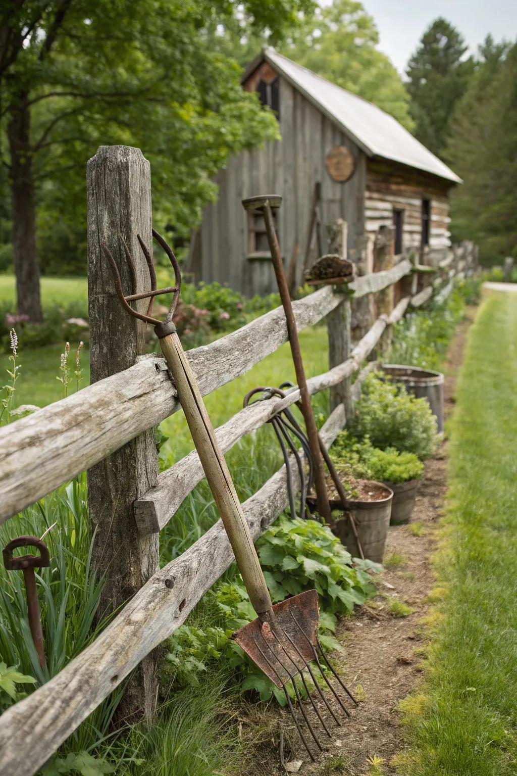 A vintage farmhouse style is achieved with a split rail fence and antique decor.