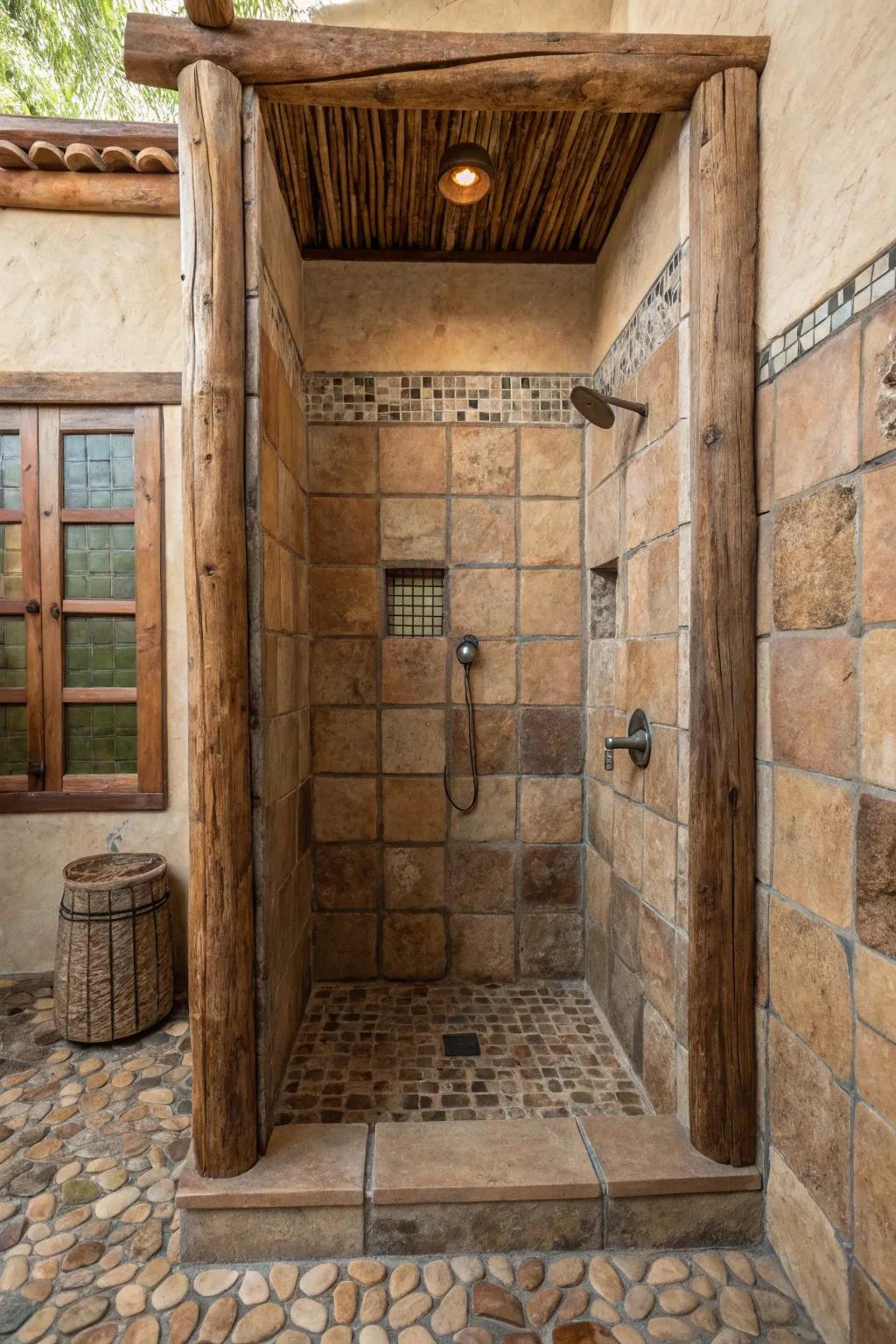 A shower showcasing handcrafted tiles that add an artisanal touch to the rustic theme.