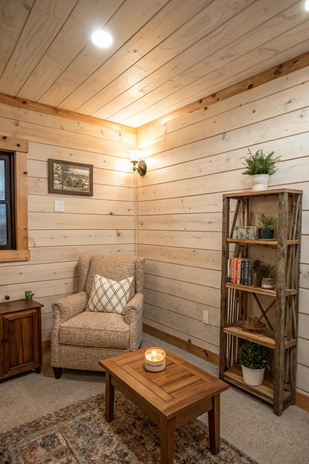 Rustic shiplap wainscoting sets a cozy, cottage-like ambiance.