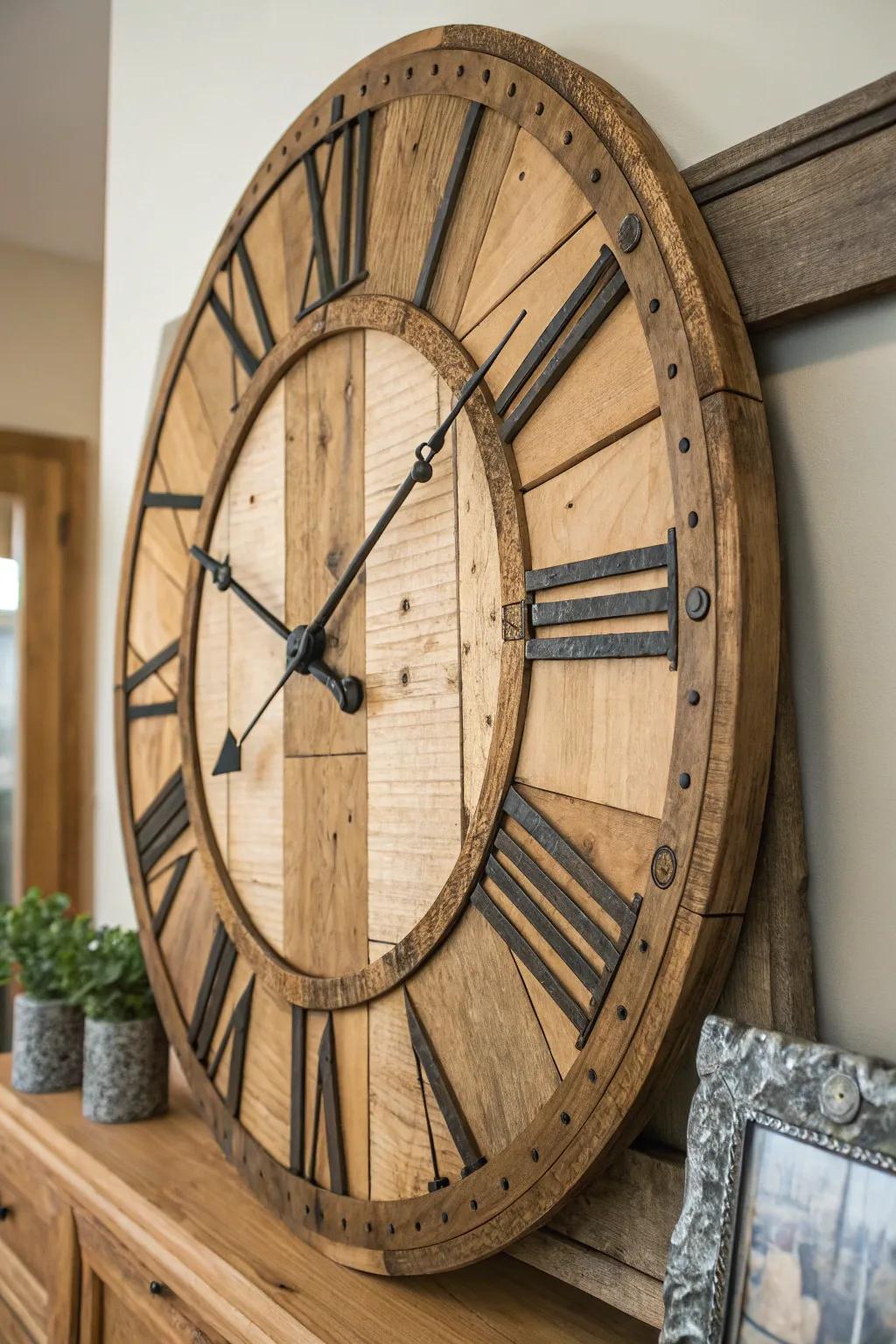 A countryside wall timepiece featuring reclaimed timber elements contributes charm and practicality.