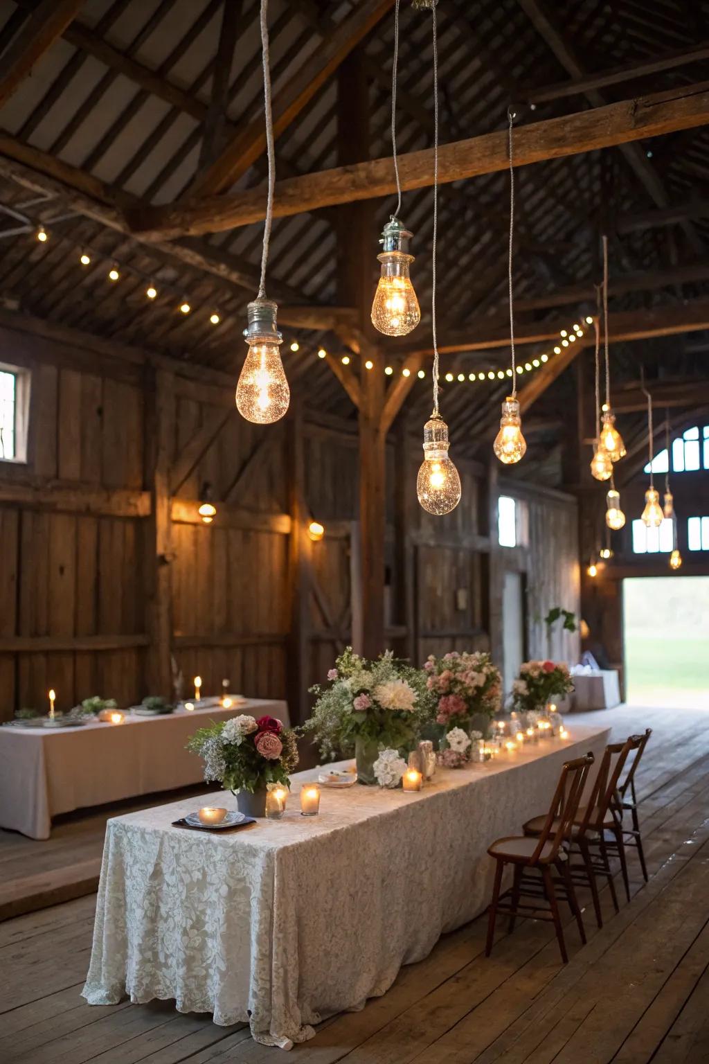 Original bulbs casting a warm and stylish glow over the main table.