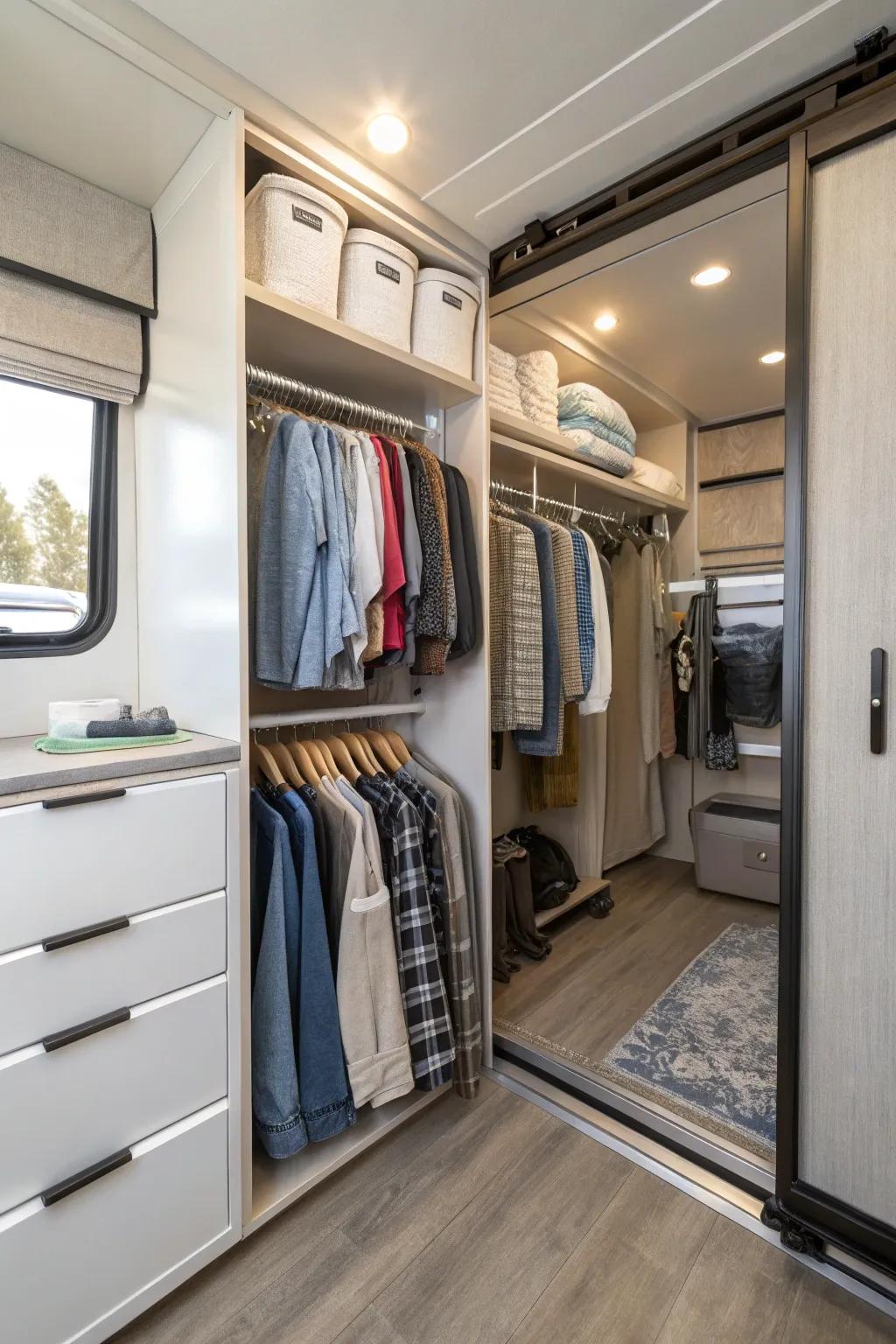 Rotating rods make RV closet storage easy and accessible.